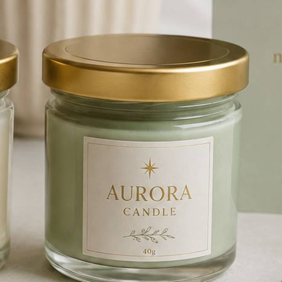 Vela artesanal Aurora Candle na cor verde bebê, com tampa dourada