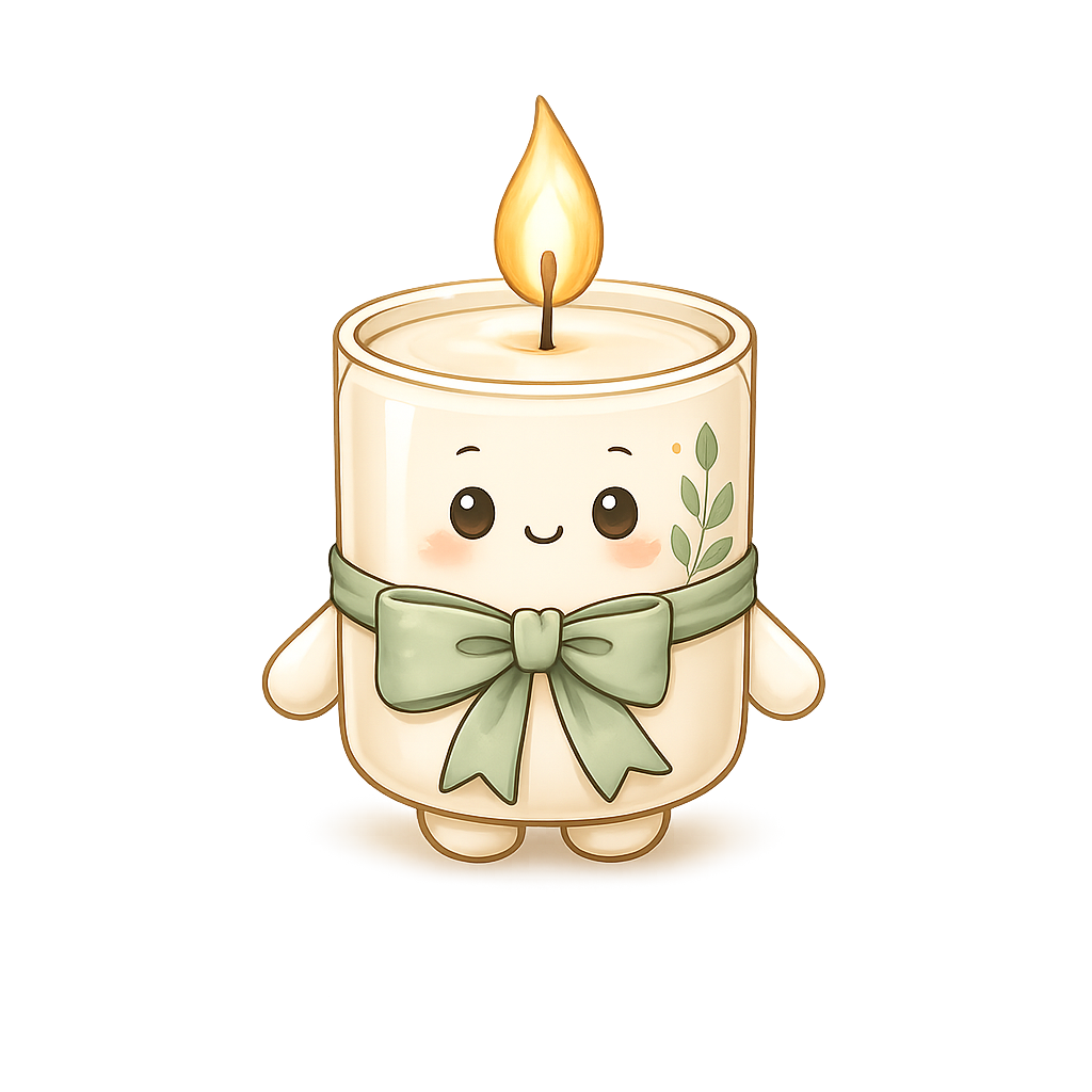 Aurora, a mascote da Aurora Candle: uma vela sorridente com laço verde