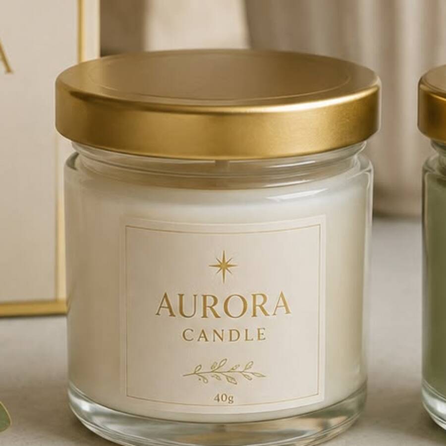 Vela artesanal Aurora Candle na cor branca, com tampa dourada